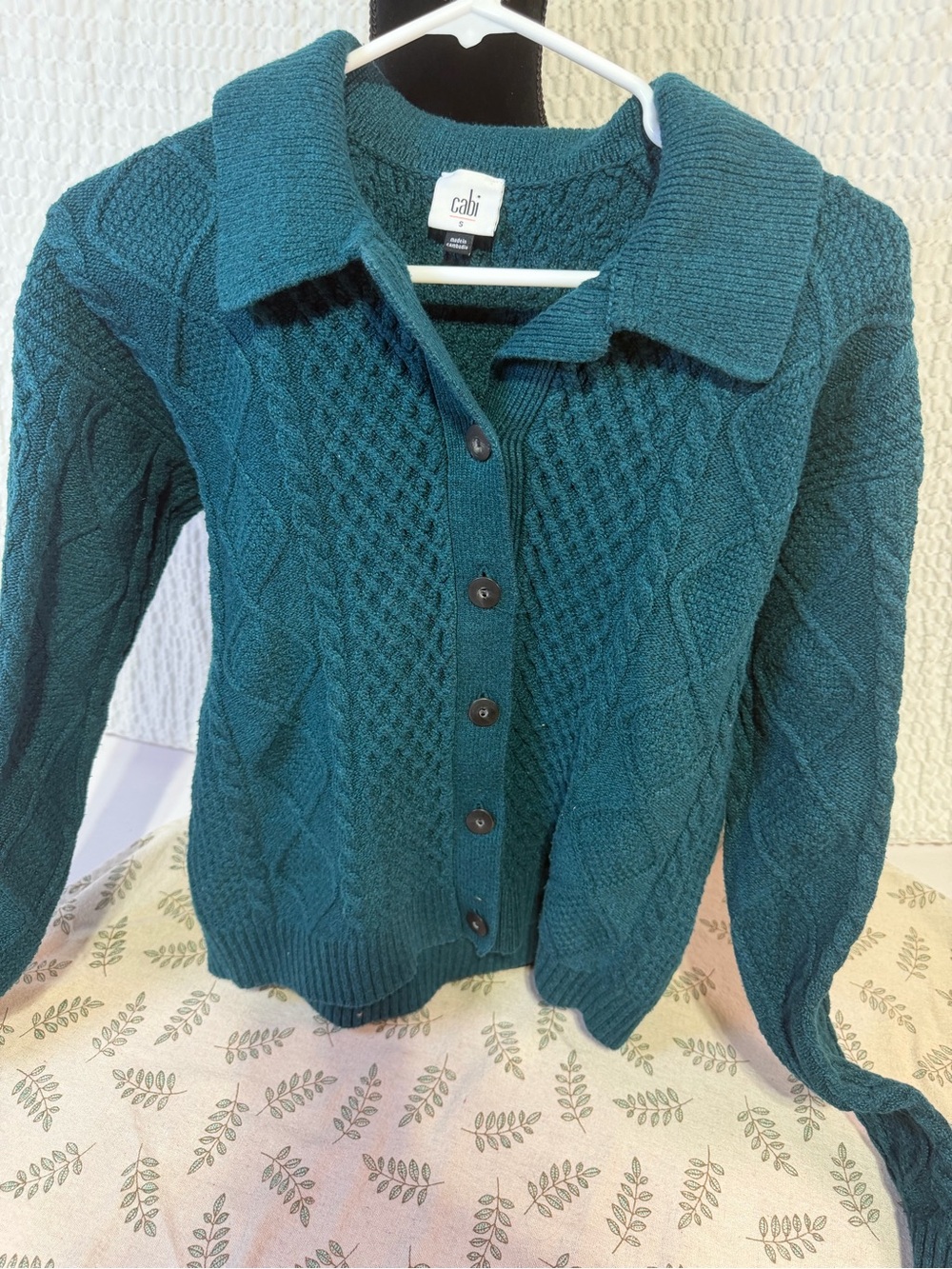 CAbi Teal Cable-Knit Button-Up Cardigan